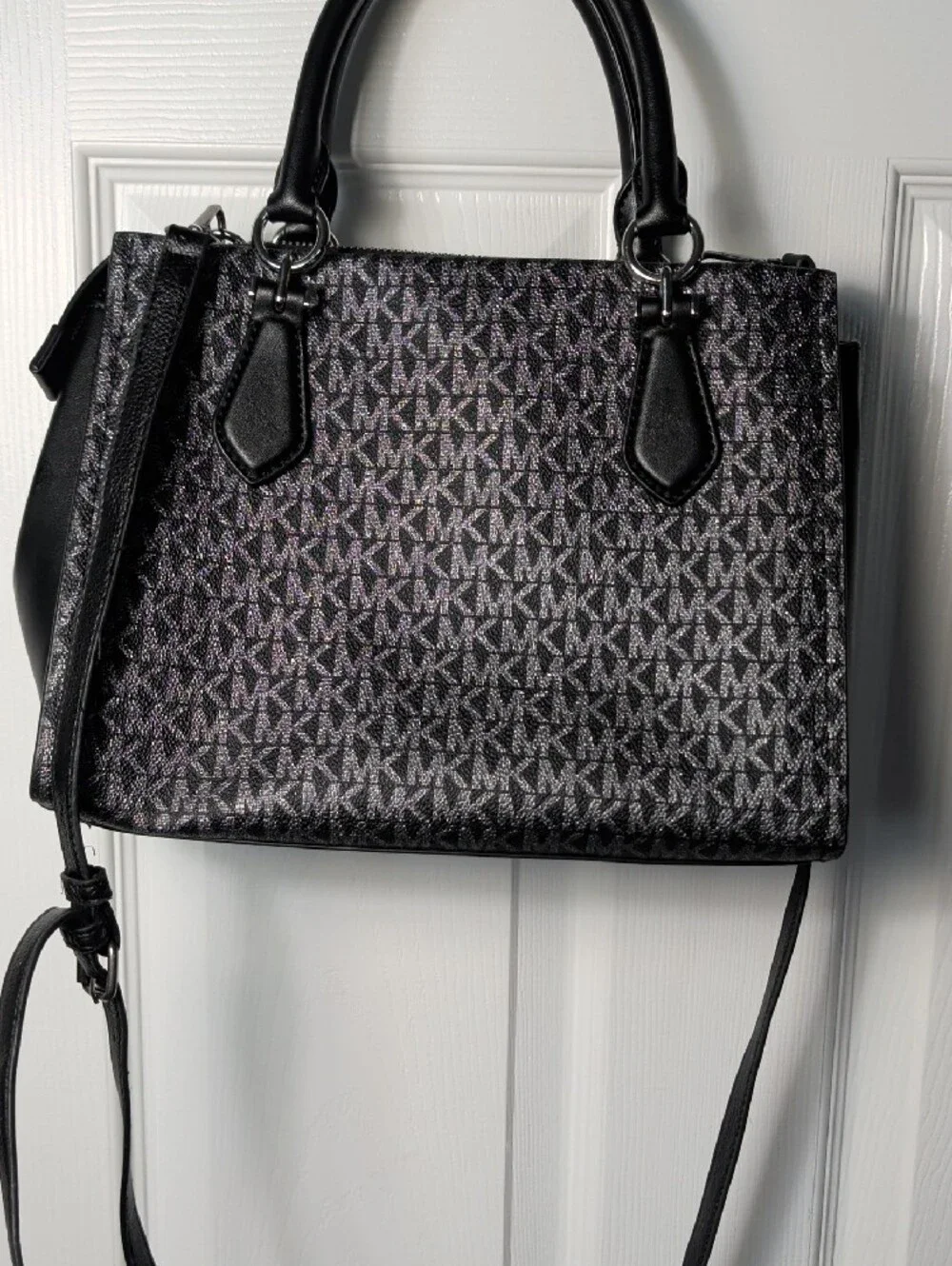 Michael Kors Black Signature Satchel with Silver Center Stripe